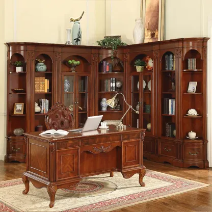 Tall Classic Brown Wooden Display Corner Bookcase with Drawer Image - 5