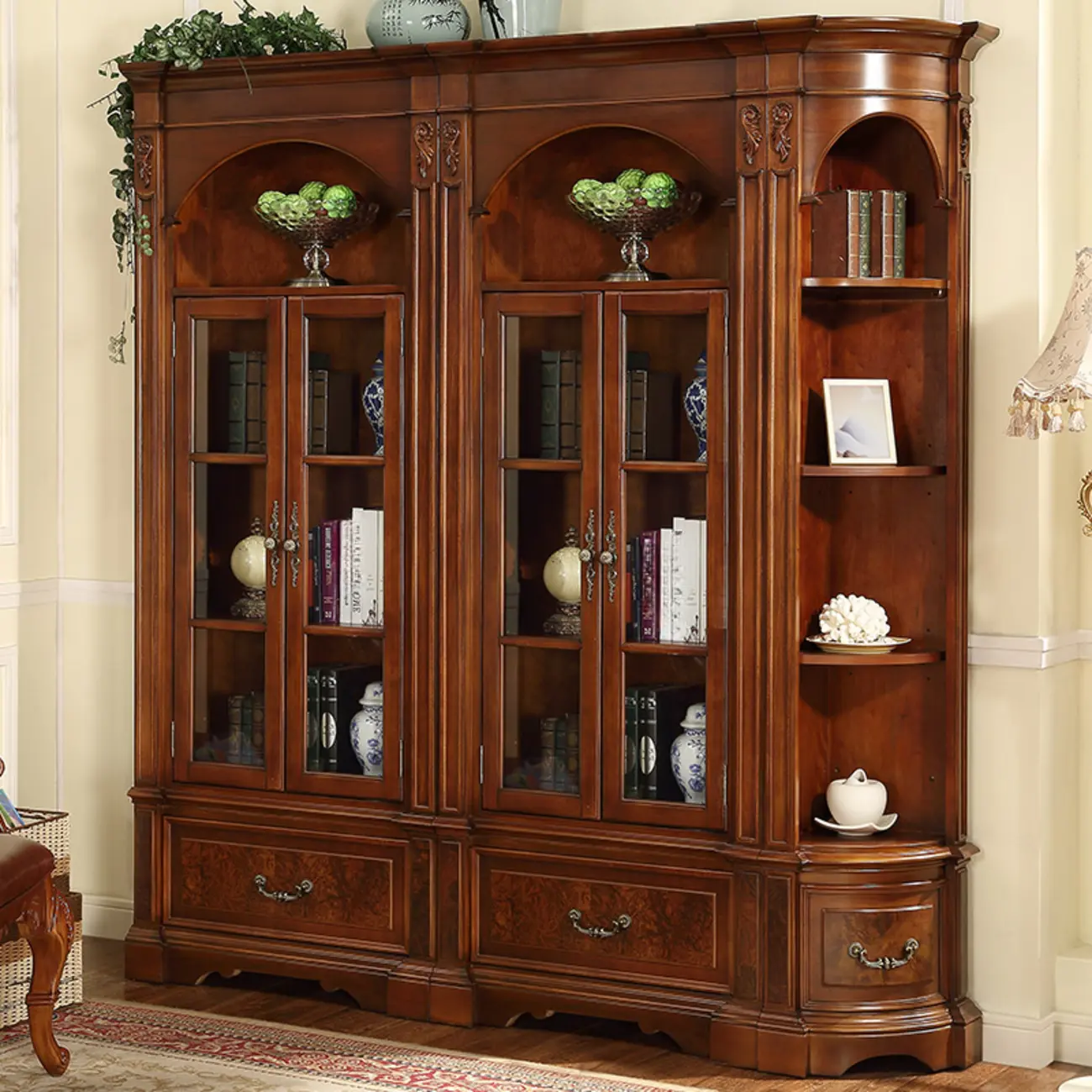 Tall Classic Brown Wooden Display Corner Bookcase with Drawer Image - 4 | homeyfad