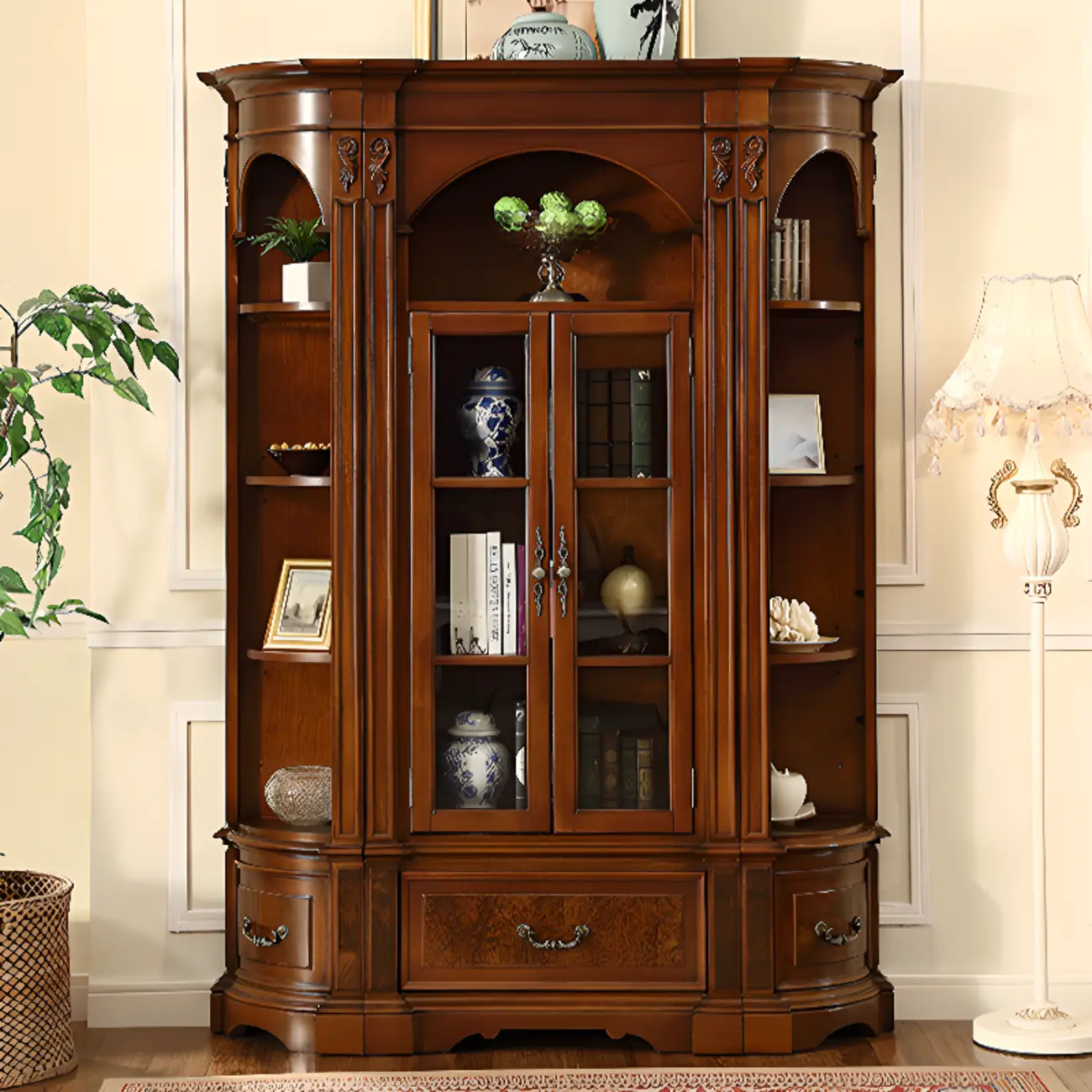 Tall Classic Brown Wooden Display Corner Bookcase with Drawer Image - 1 | homeyfad