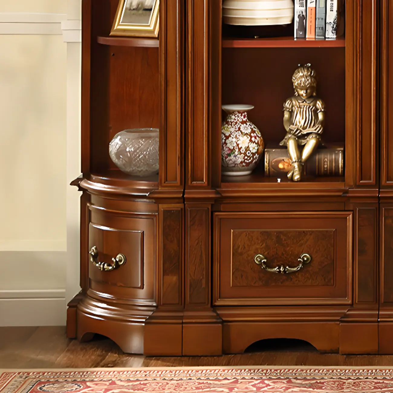 Tall Classic Brown Wooden Display Corner Bookcase with Drawer Image - 12 | homeyfad