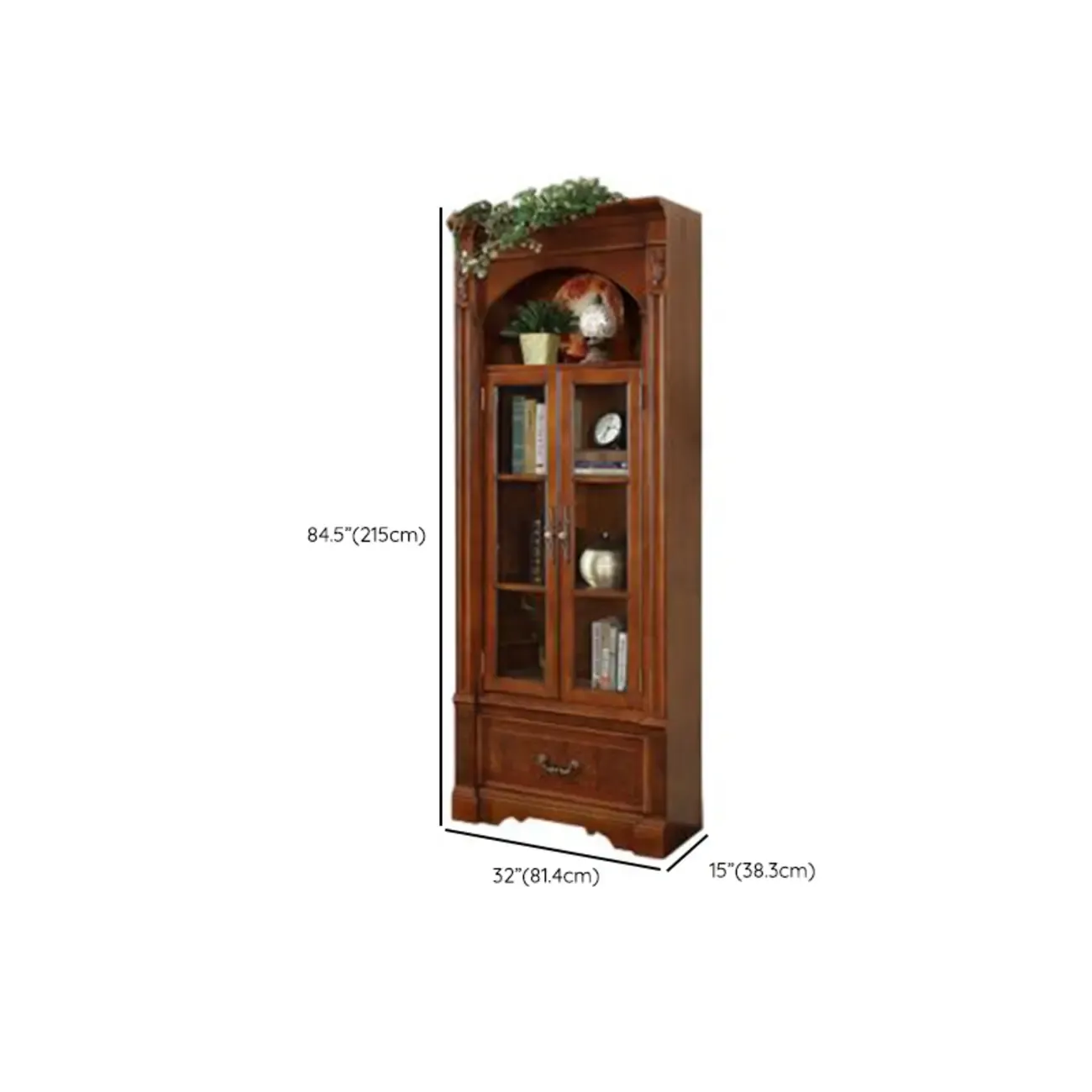 Tall Classic Brown Wooden Display Corner Bookcase with Drawer Image - 15