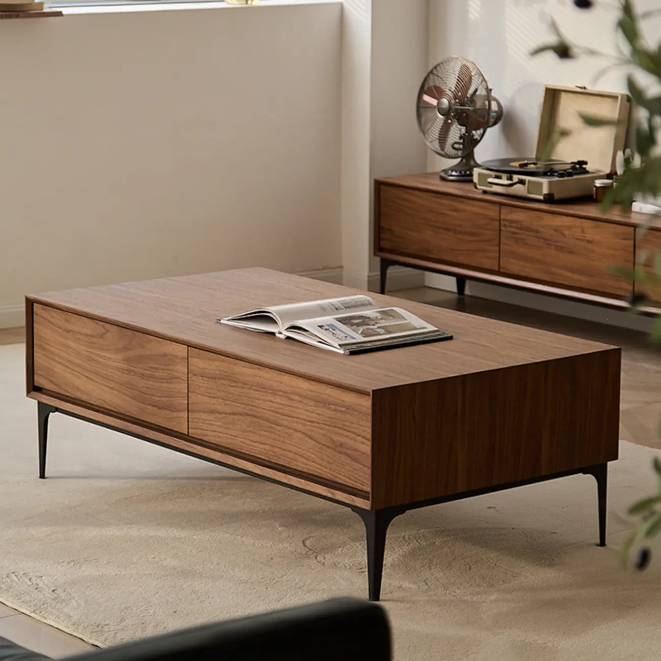 Large Rectangular Waterproof Brown 4-Drawer Wood Coffee Table Image - 1 | homeyfad