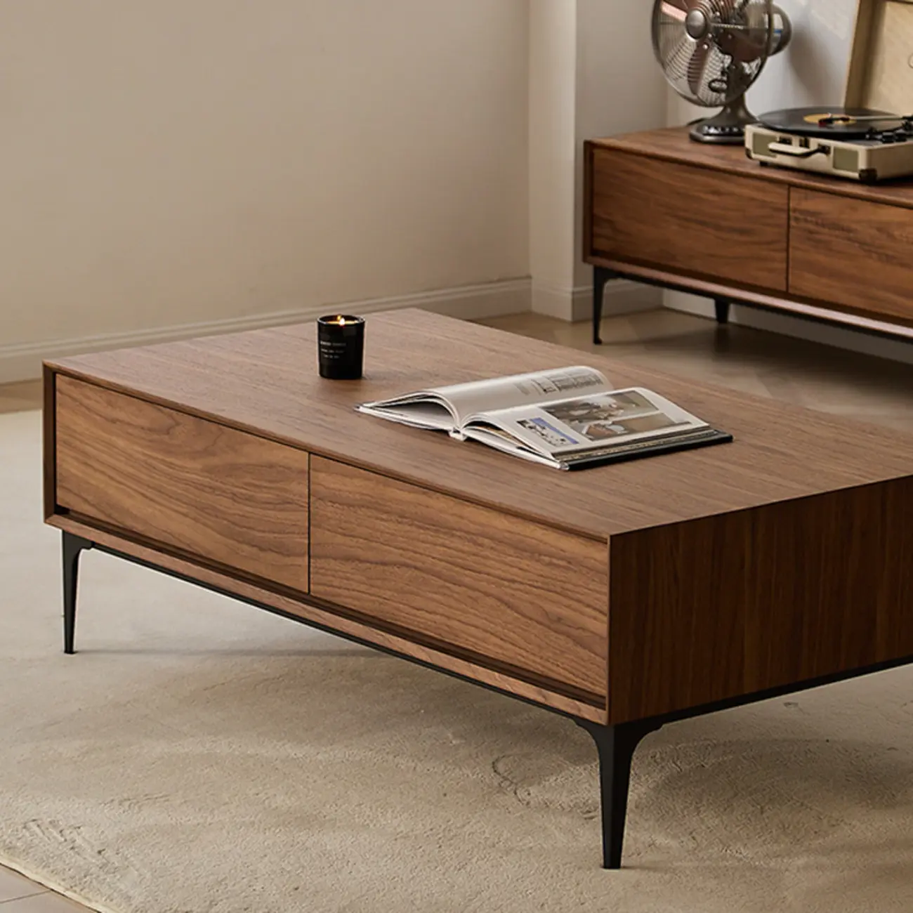 Large Rectangular Waterproof Brown 4-Drawer Wood Coffee Table Image - 7 | homeyfad