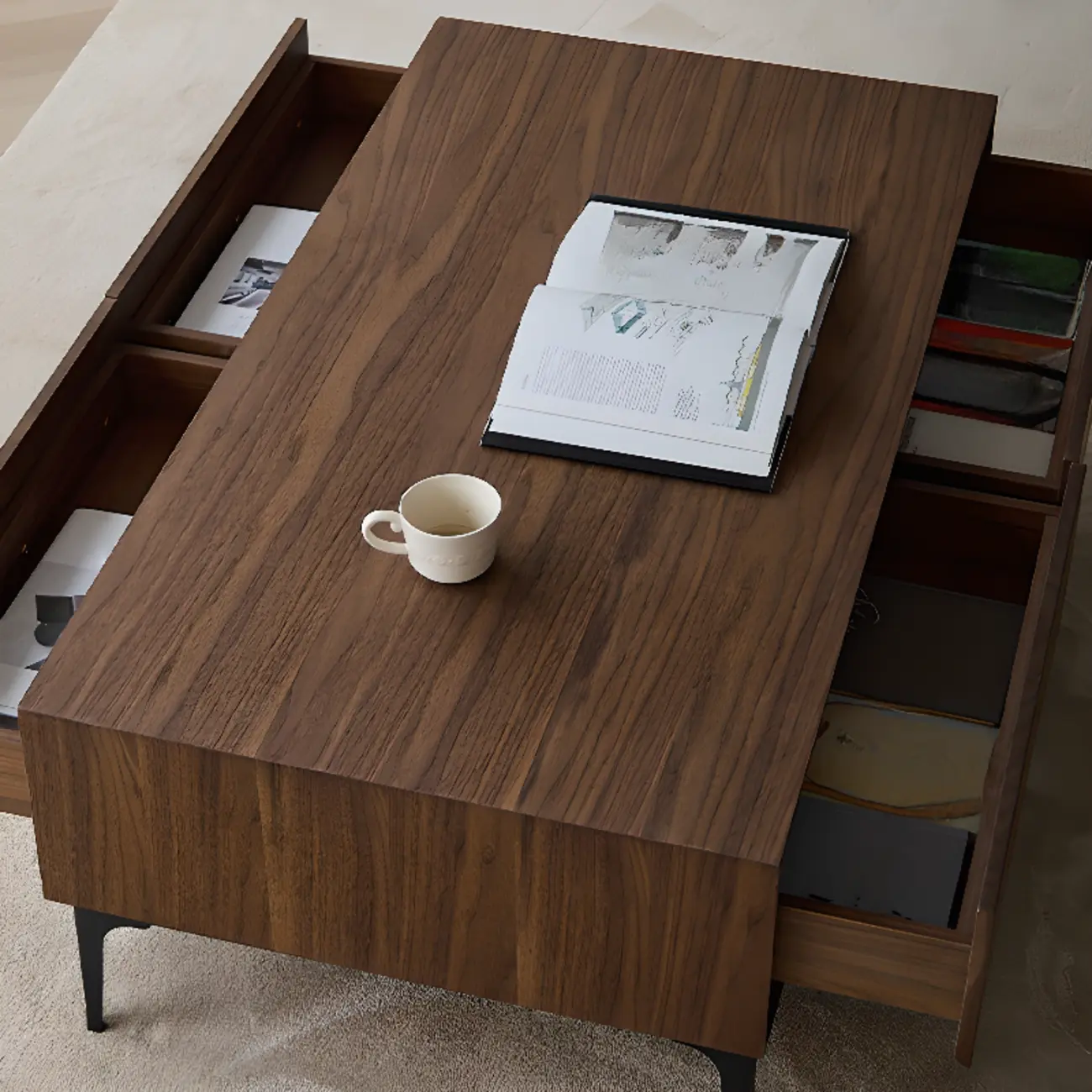 Large Rectangular Waterproof Brown 4-Drawer Wood Coffee Table Image - 2 | homeyfad