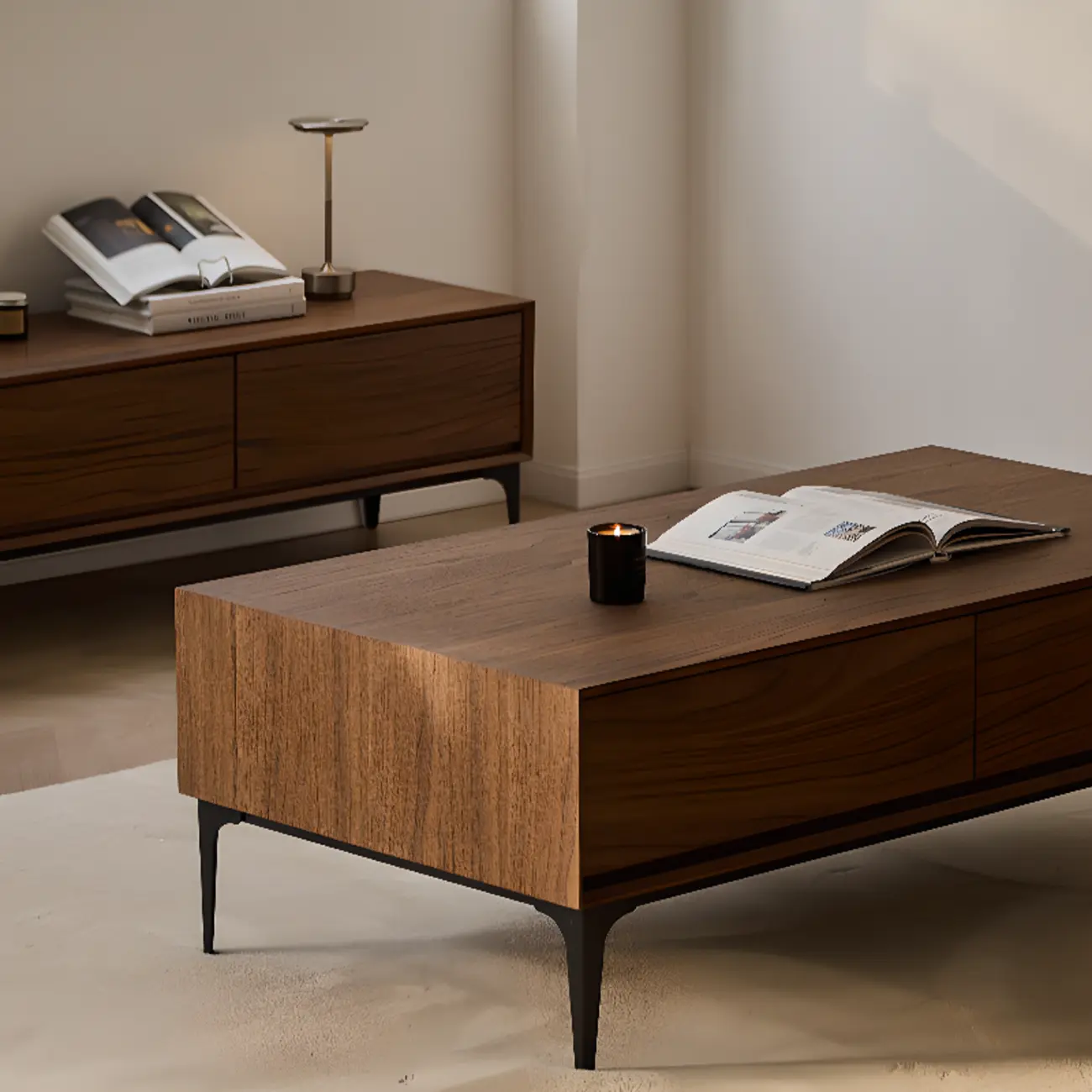 Large Rectangular Waterproof Brown 4-Drawer Wood Coffee Table Image - 8 | homeyfad