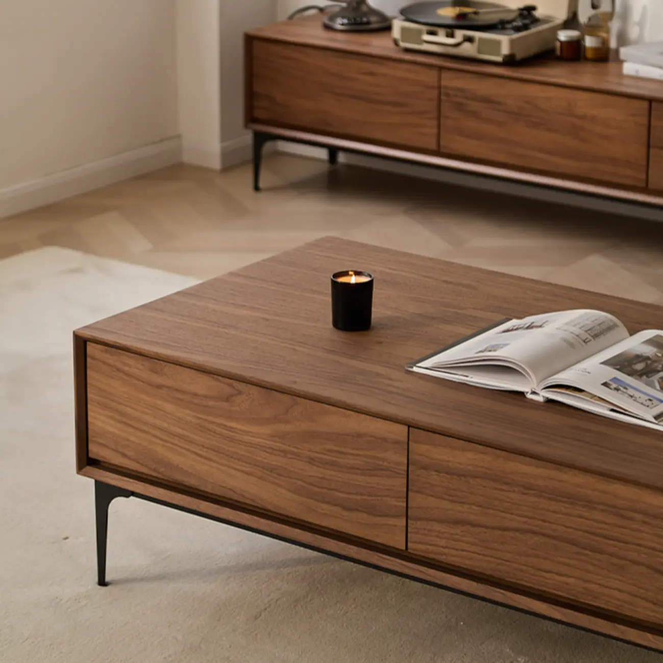 Large Rectangular Waterproof Brown 4-Drawer Wood Coffee Table Image - 5 | homeyfad