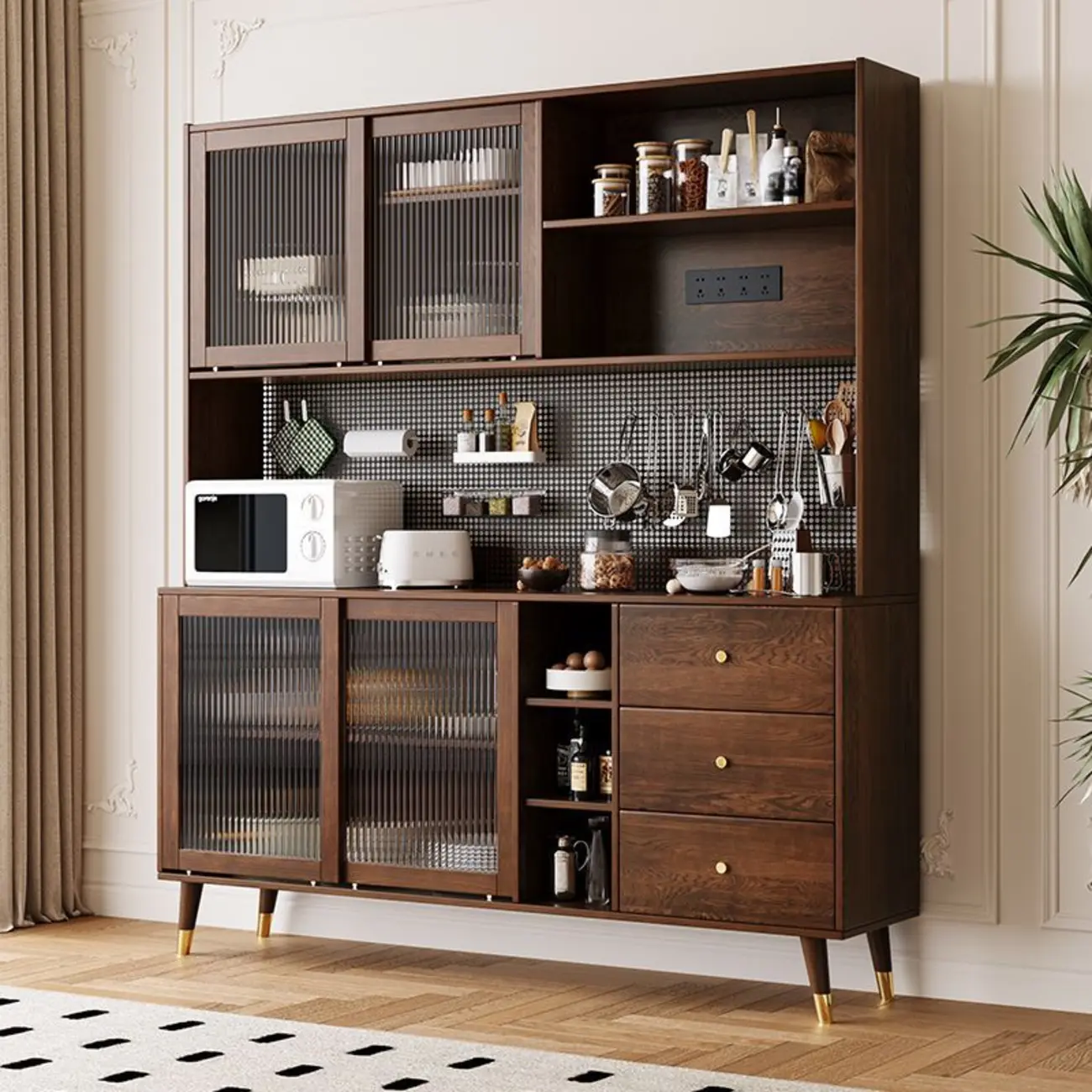 Brown Wood 3-Drawer Glass Sliding Doors Buffet Cabinet Image - 2 | homeyfad