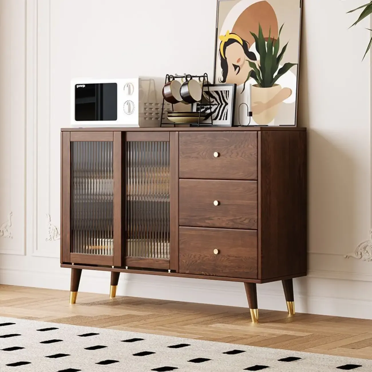 Brown Wood 3-Drawer Glass Sliding Doors Buffet Cabinet | HomeyFad