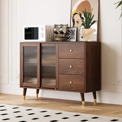 Brown Wood 3-Drawer Glass Sliding Doors Buffet Cabinet Image - 1