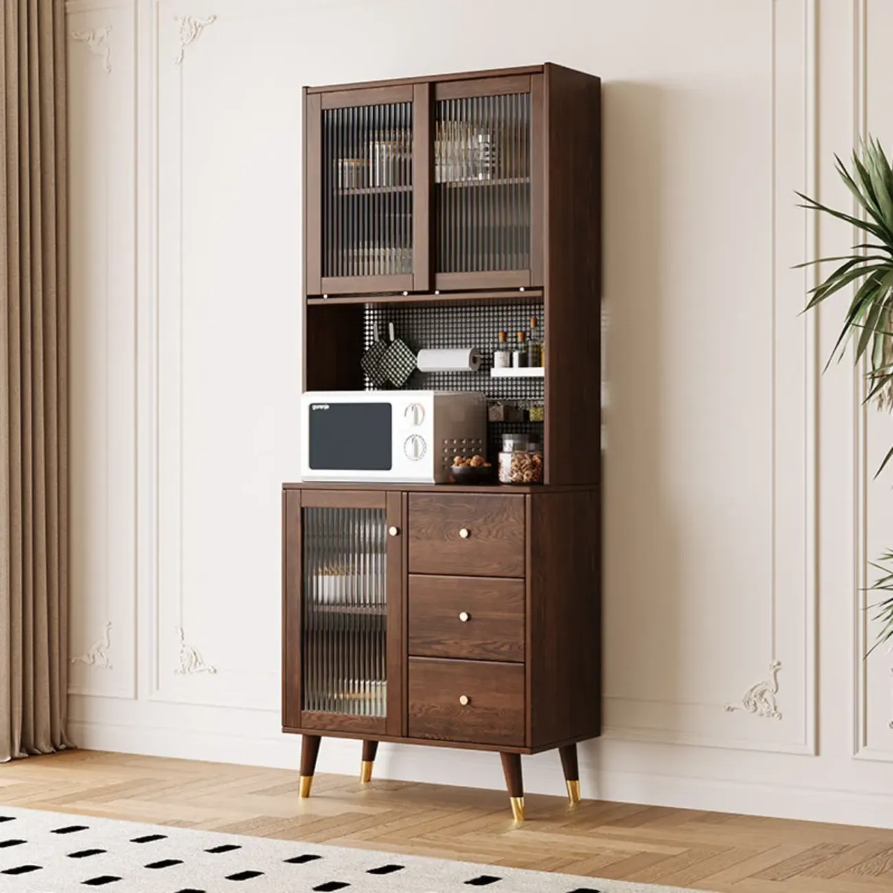 Brown Wood 3-Drawer Glass Sliding Doors Buffet Cabinet Image - 3