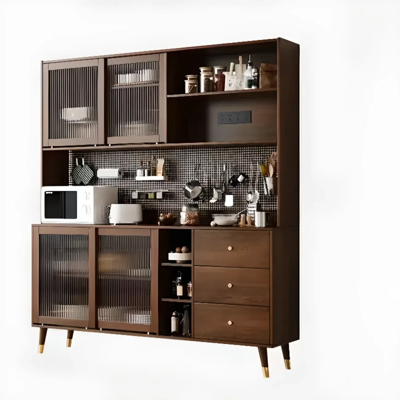 Brown Wood 3-Drawer Glass Sliding Doors Buffet Cabinet Image - 11