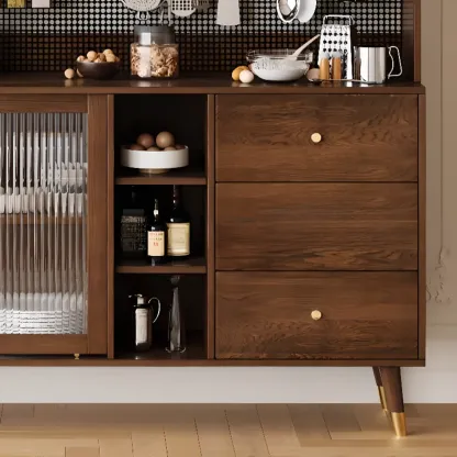 Brown Wood 3-Drawer Glass Sliding Doors Buffet Cabinet Image - 9