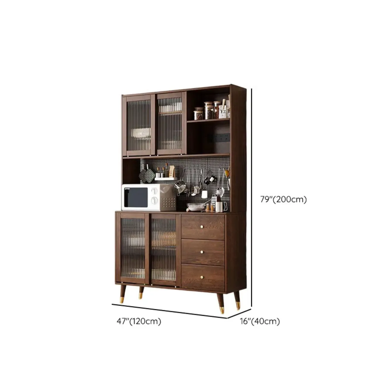 Brown Wood 3-Drawer Glass Sliding Doors Buffet Cabinet #size