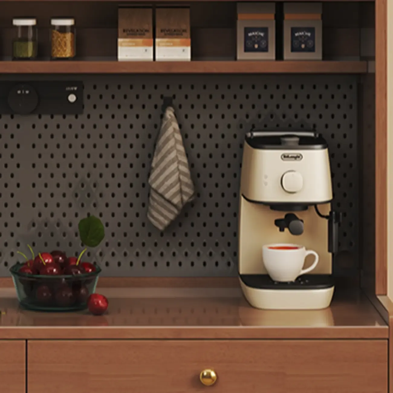 2-Drawer Brown Wood Kitchen Storage Cabinet with Hutch Image - 4