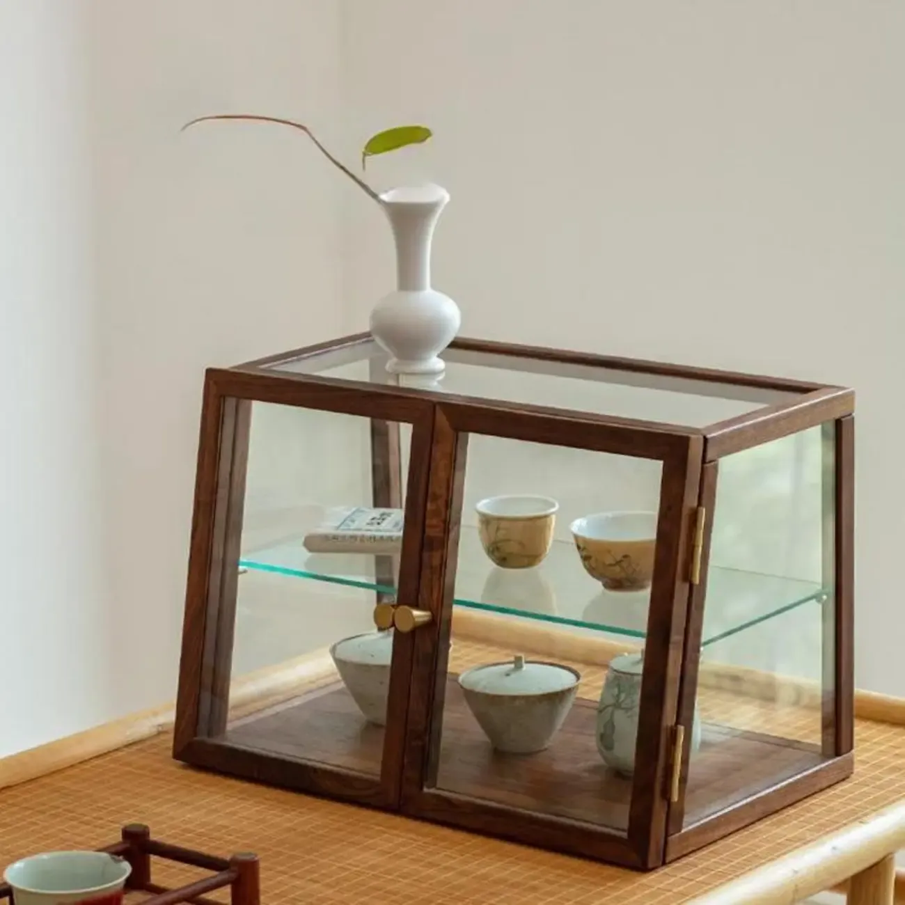 Minimalist 2-Tier Wooden Glass Display Cabinet for Tabletop Image - 1