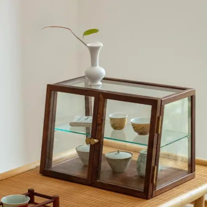 Minimalist 2-Tier Wooden Glass Display Cabinet for Tabletop Image - 1
