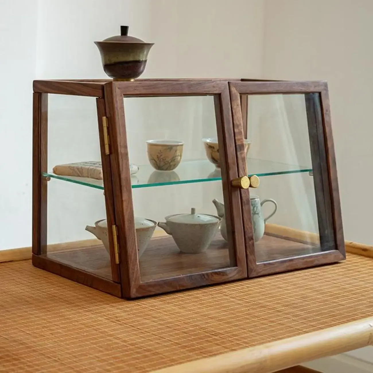 Minimalist 2-Tier Wooden Glass Display Cabinet for Tabletop Image - 3