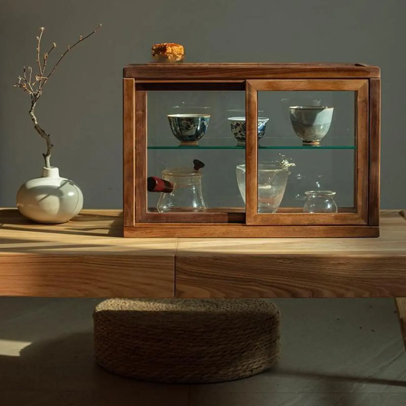 Minimalist 2-Tier Wooden Glass Display Cabinet for Tabletop Image - 2 | homeyfad