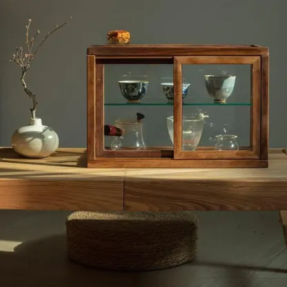 Minimalist 2-Tier Wooden Glass Display Cabinet for Tabletop Image - 2