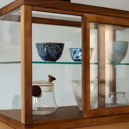 Minimalist 2-Tier Wooden Glass Display Cabinet for Tabletop Image - 4