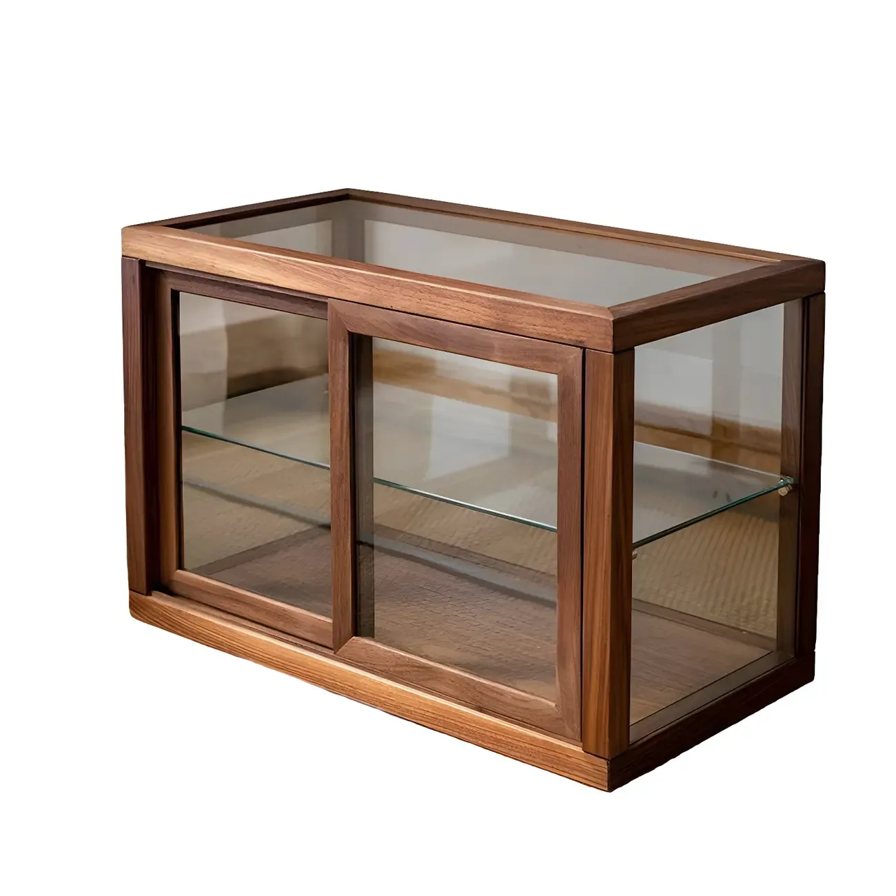 Minimalist 2-Tier Wooden Glass Display Cabinet for Tabletop Image - 5