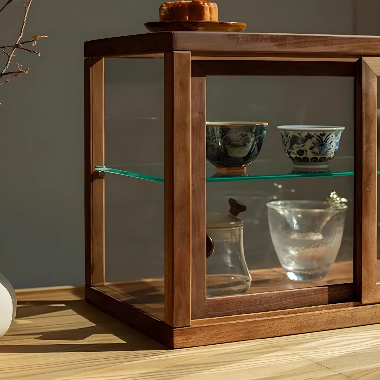 Minimalist 2-Tier Wooden Glass Display Cabinet for Tabletop Image - 7 | homeyfad