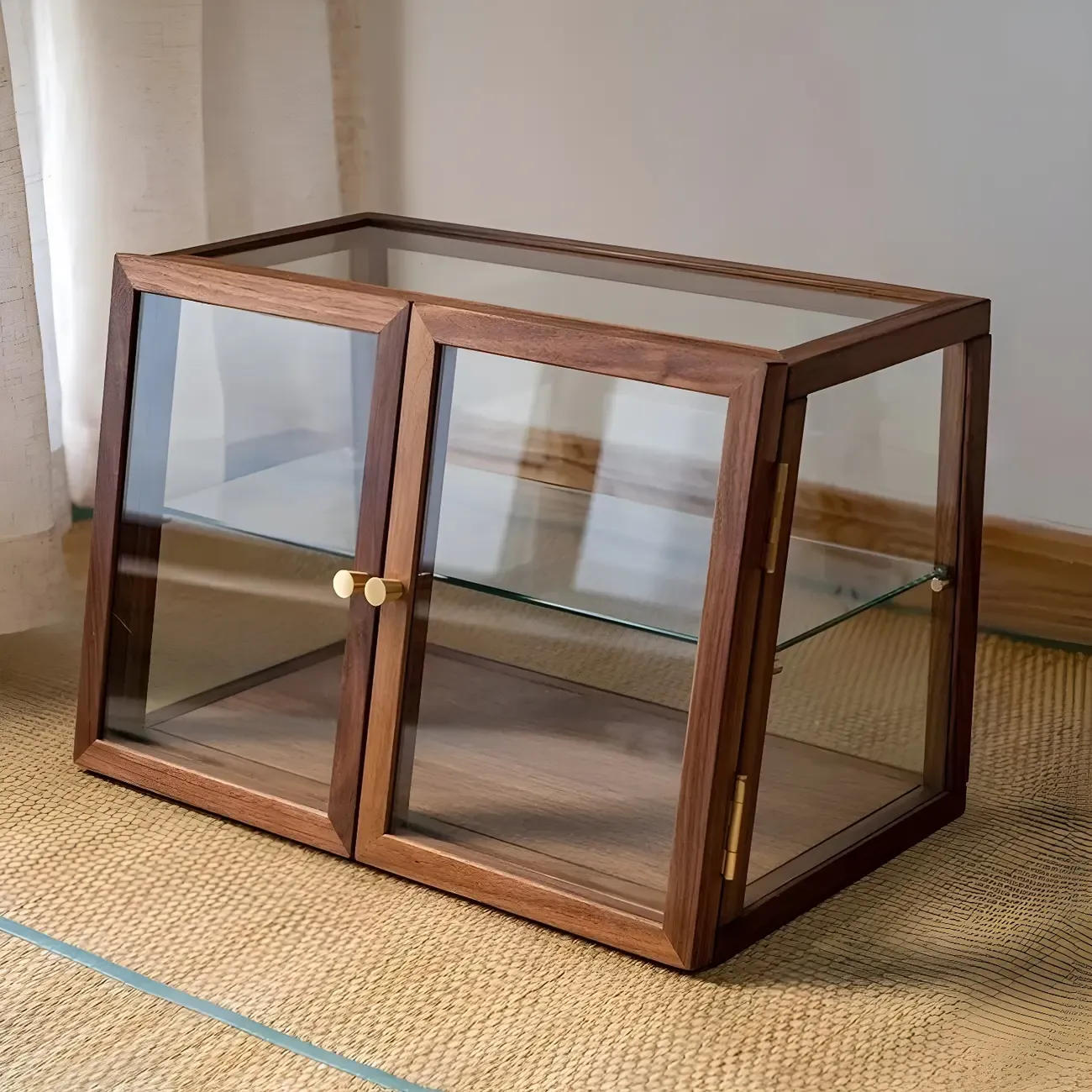 Minimalist 2-Tier Wooden Glass Display Cabinet for Tabletop Image - 8