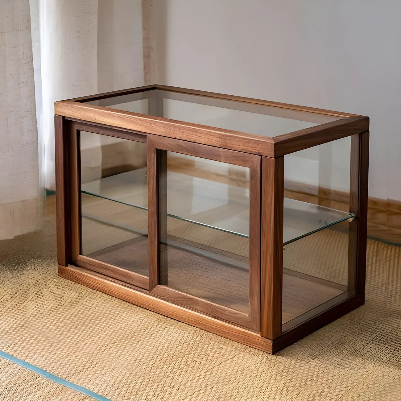 Minimalist 2-Tier Wooden Glass Display Cabinet for Tabletop Image - 9 | homeyfad