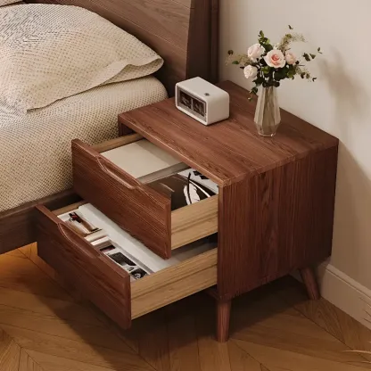 Traditional Wooden Nut-Brown Bedside Double Drawer Nightstand Image - 1