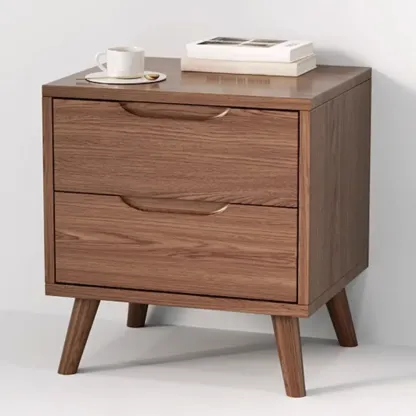 Traditional Wooden Nut-Brown Bedside Double Drawer Nightstand Image - 2