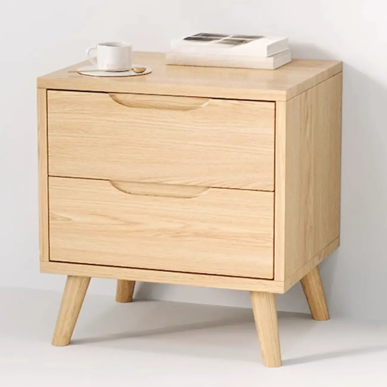 Traditional Wooden Nut-Brown Bedside Double Drawer Nightstand Image - 6