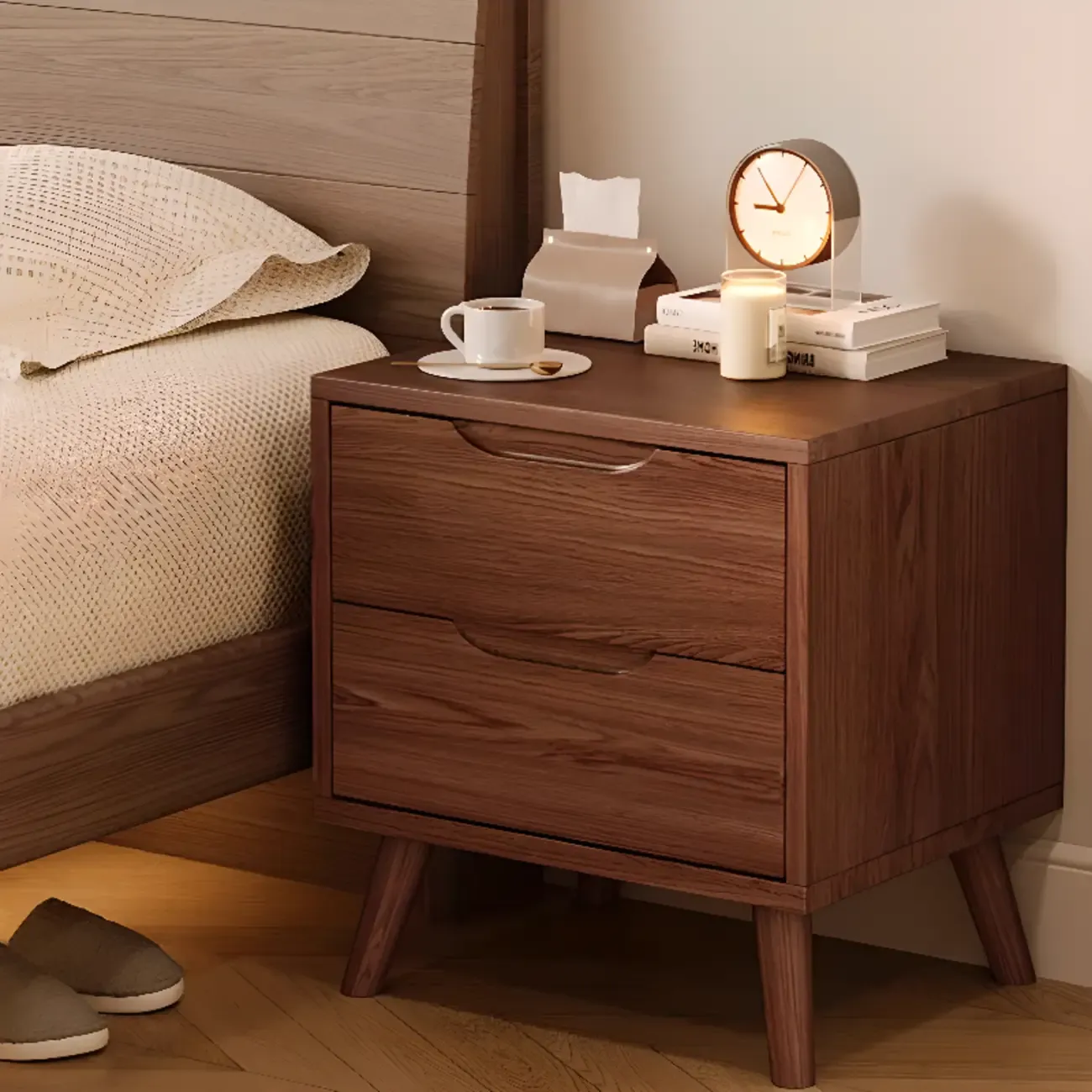 Traditional Wooden Nut-Brown Bedside Double Drawer Nightstand Image - 4