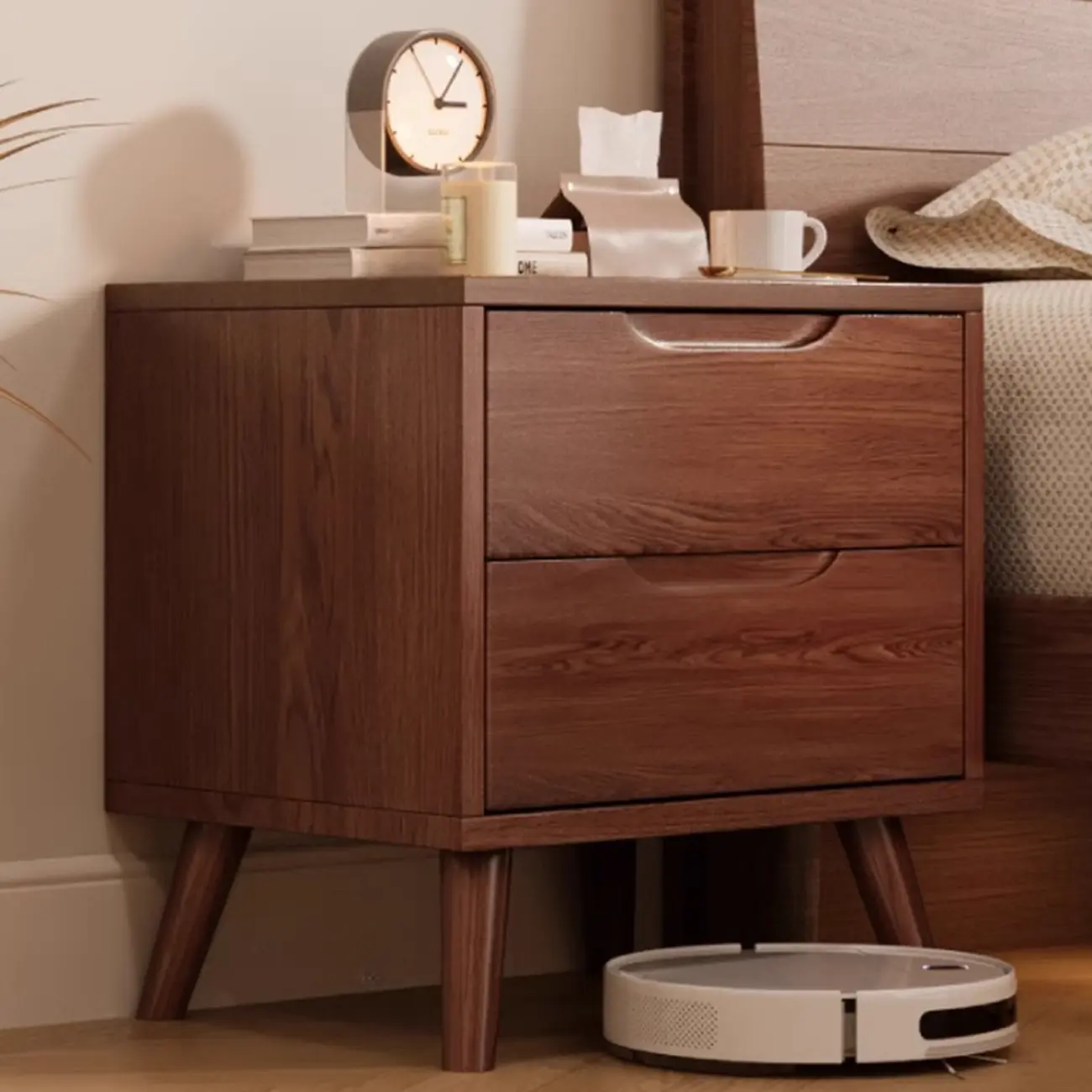 Traditional Wooden Nut-Brown Bedside Double Drawer Nightstand Image - 8 | homeyfad