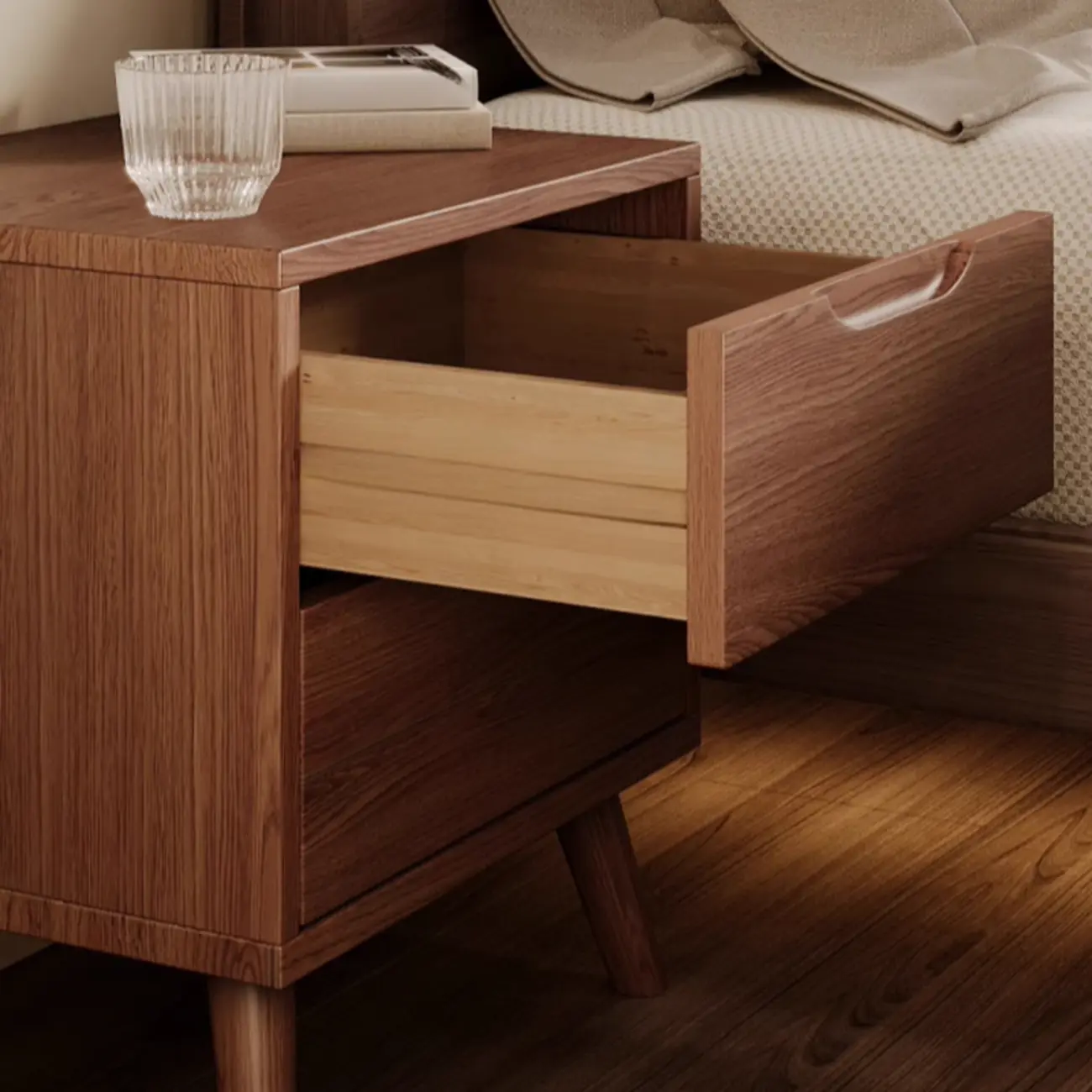 Traditional Wooden Nut-Brown Bedside Double Drawer Nightstand Image - 16 | homeyfad