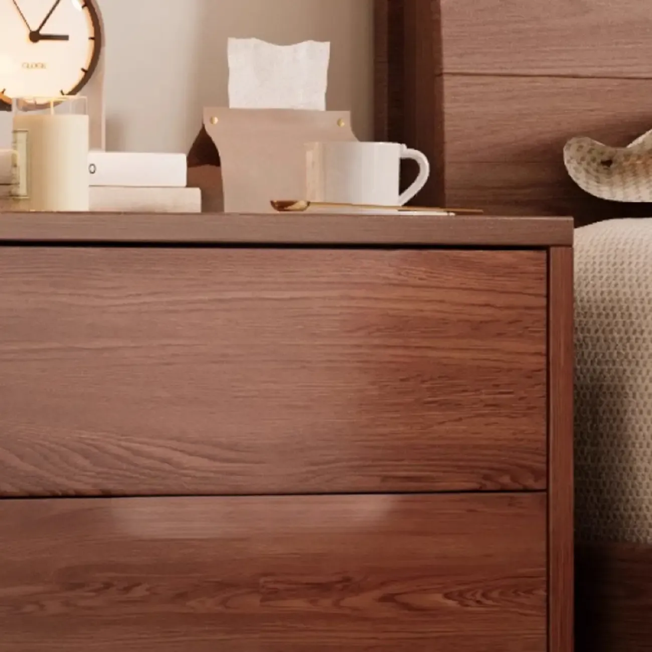 Traditional Wooden Nut-Brown Bedside Double Drawer Nightstand Image - 18