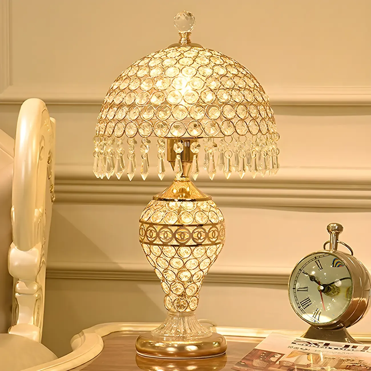 Traditional Luxurious Empire Gold Crystal Bedside Lamps Image - 2