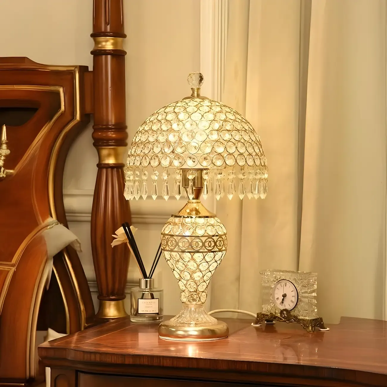 Traditional Luxurious Empire Gold Crystal Bedside Lamps Image - 3