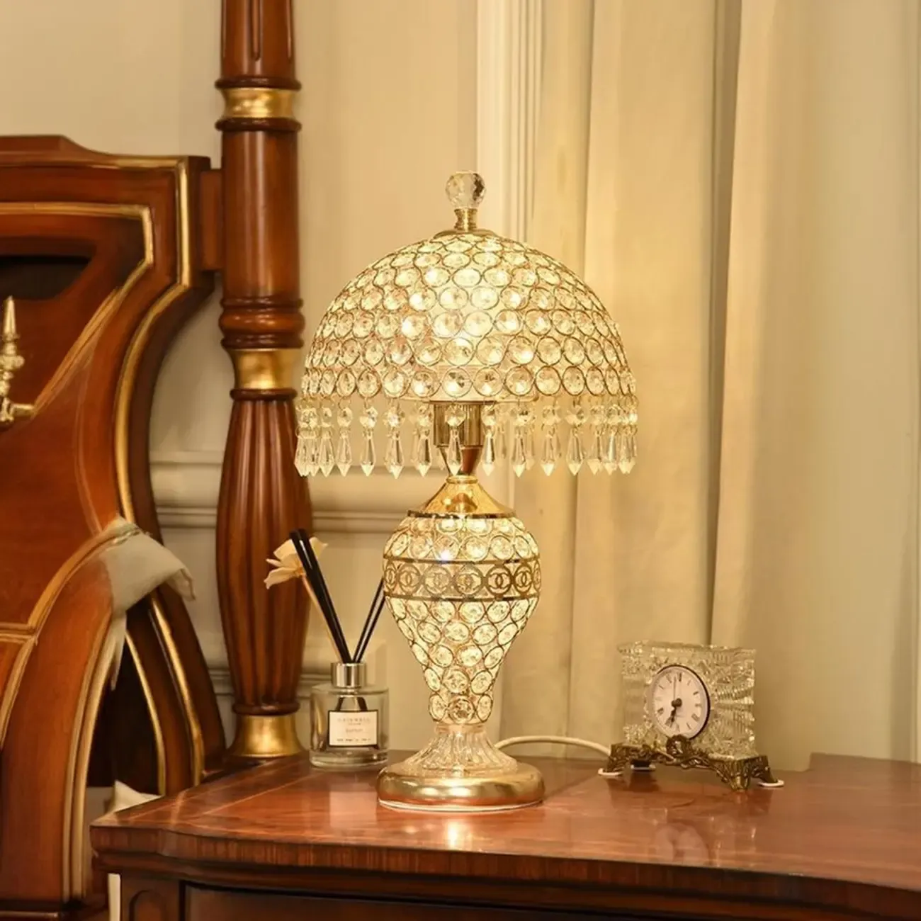Traditional Luxurious Empire Gold Crystal Bedside Lamps Image - 6