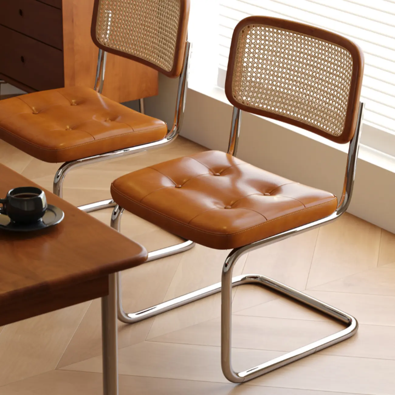 Scandinavian Tufted Leather Armless Dining Chair Image - 1 | homeyfad