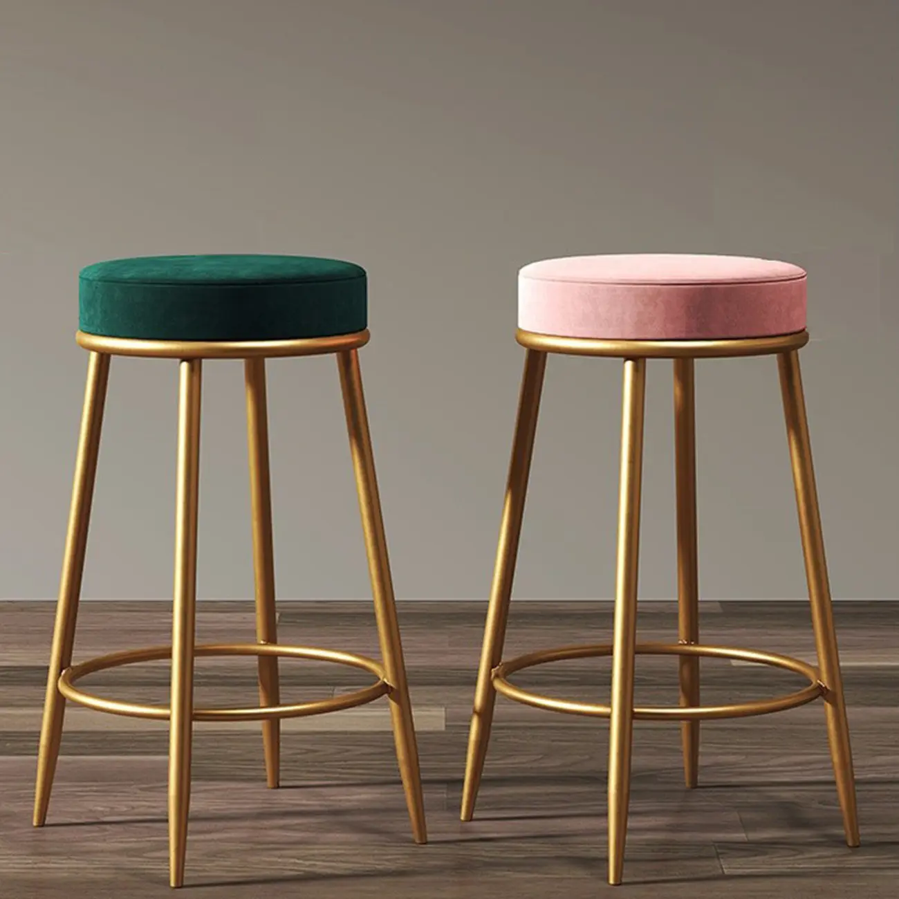 Glam Round Backless Velvet Gold Bar Stools Image - 1 | homeyfad