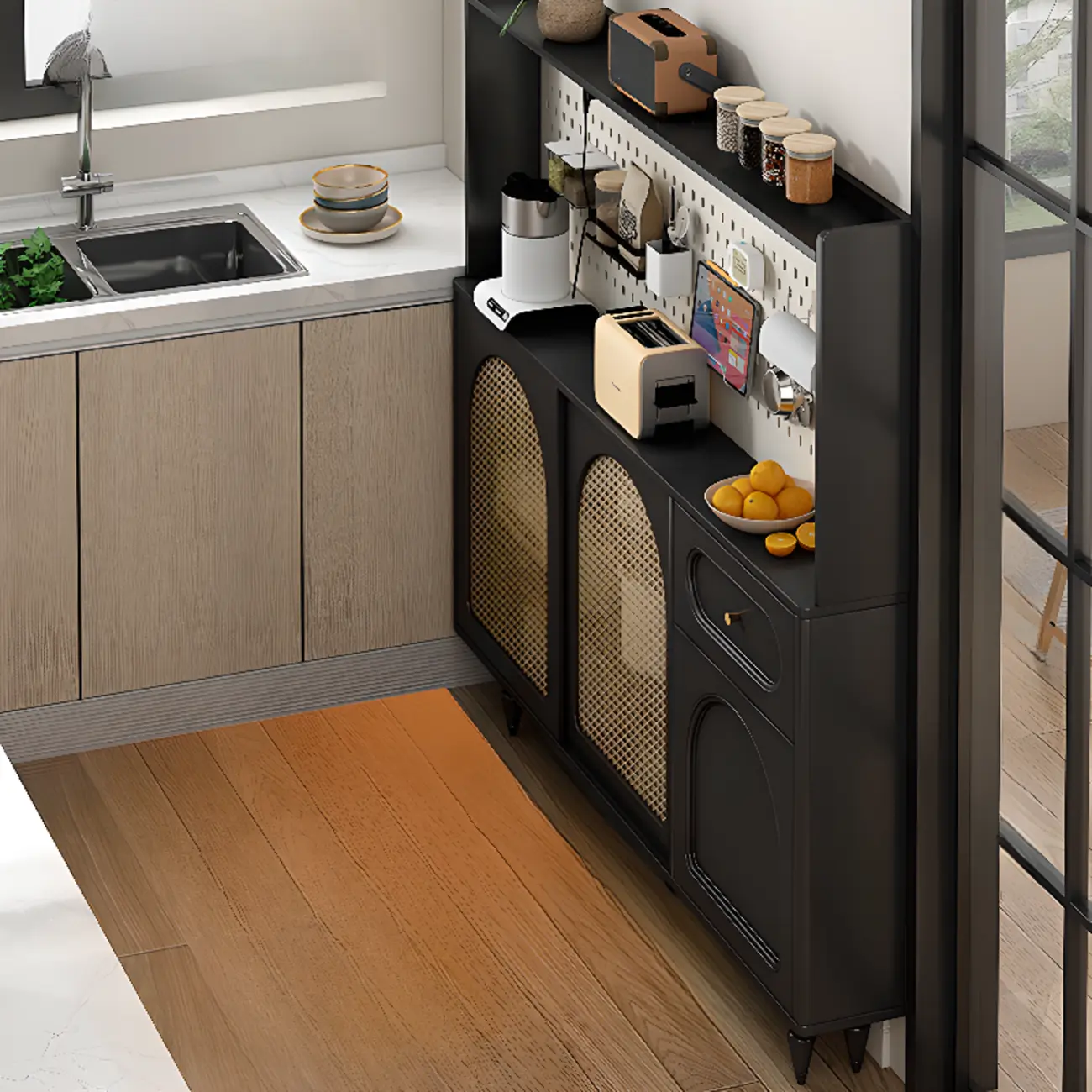 Kitchen Espresso Wood Black Rattan Door Sideboard Image - 1 | homeyfad