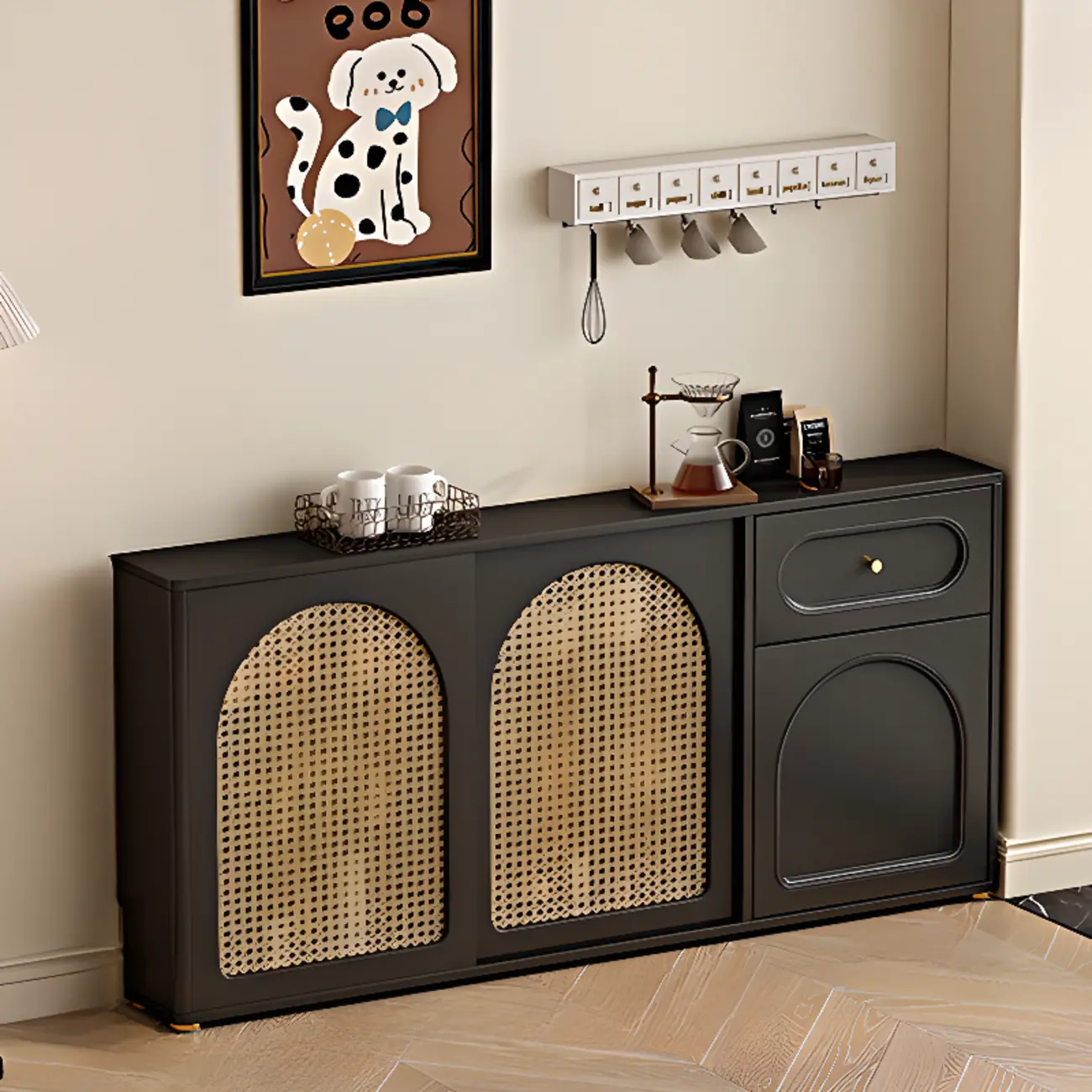 Kitchen Espresso Wood Black Rattan Door Sideboard Image - 3 | homeyfad