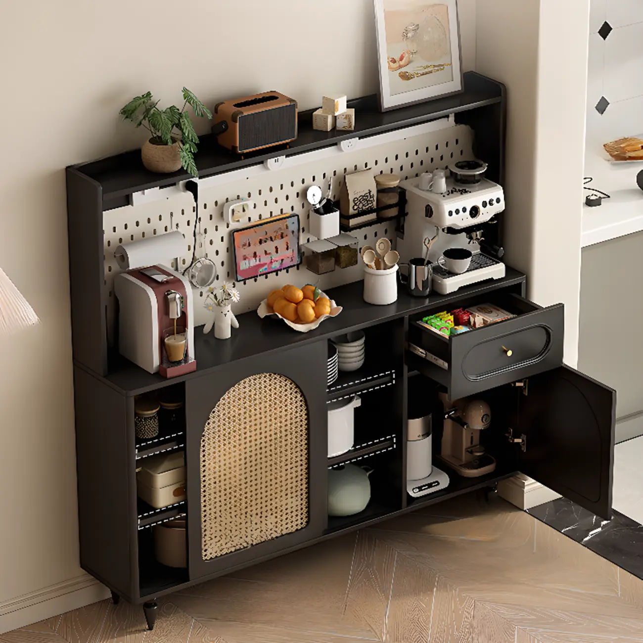 Kitchen Espresso Wood Black Rattan Door Sideboard Image - 4 | homeyfad