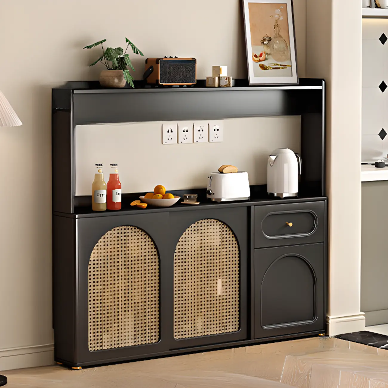 Kitchen Espresso Wood Black Rattan Door Sideboard Image - 2 | homeyfad