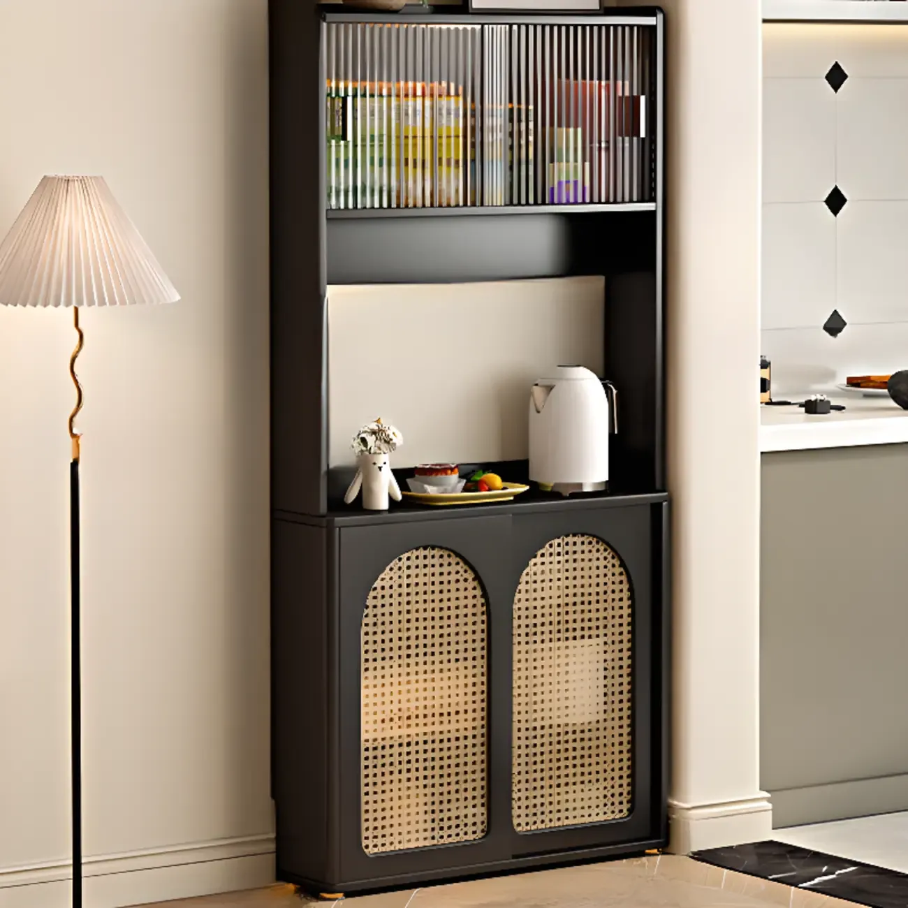 Kitchen Espresso Wood Black Rattan Door Sideboard Image - 12