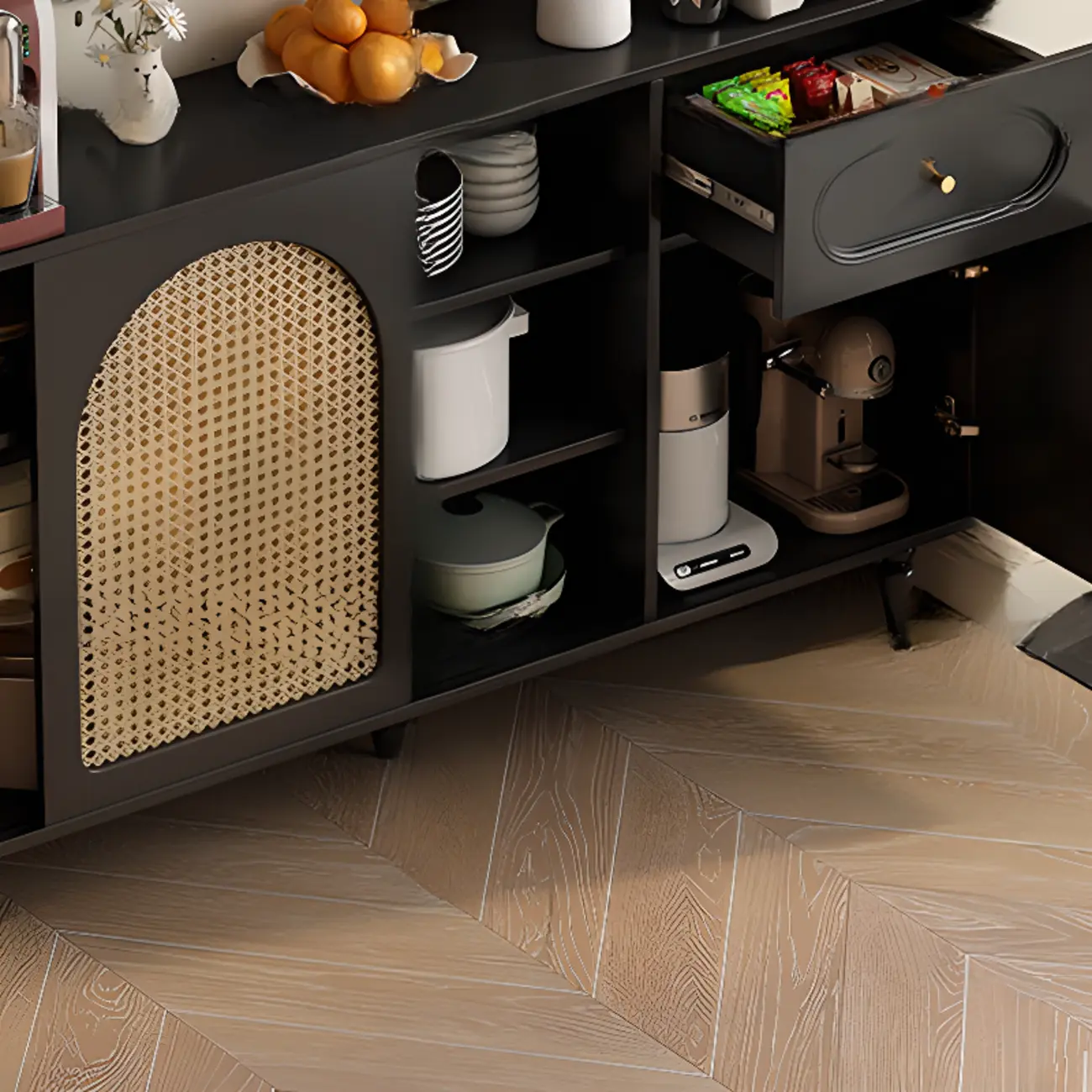 Kitchen Espresso Wood Black Rattan Door Sideboard Image - 5 | homeyfad