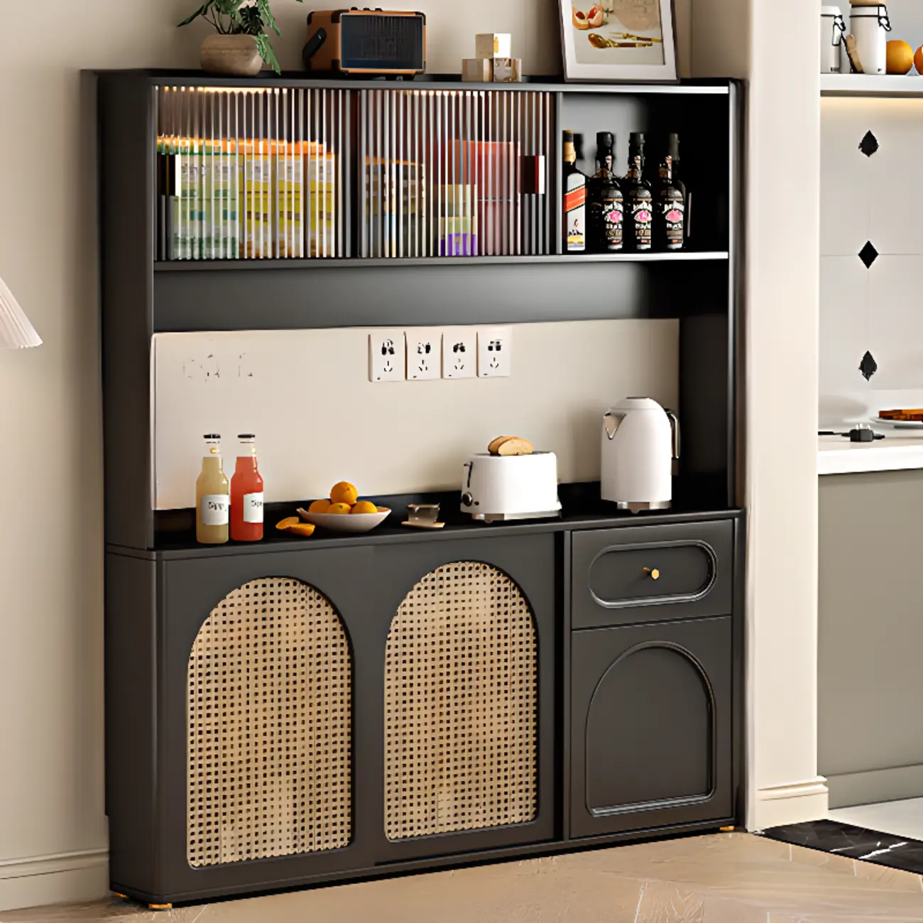 Kitchen Espresso Wood Black Rattan Door Sideboard Image - 11 | homeyfad