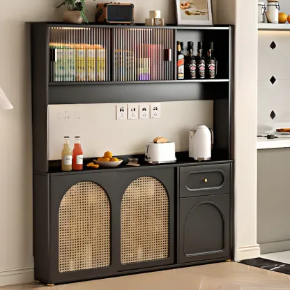 Kitchen Espresso Wood Black Rattan Door Sideboard Image - 11
