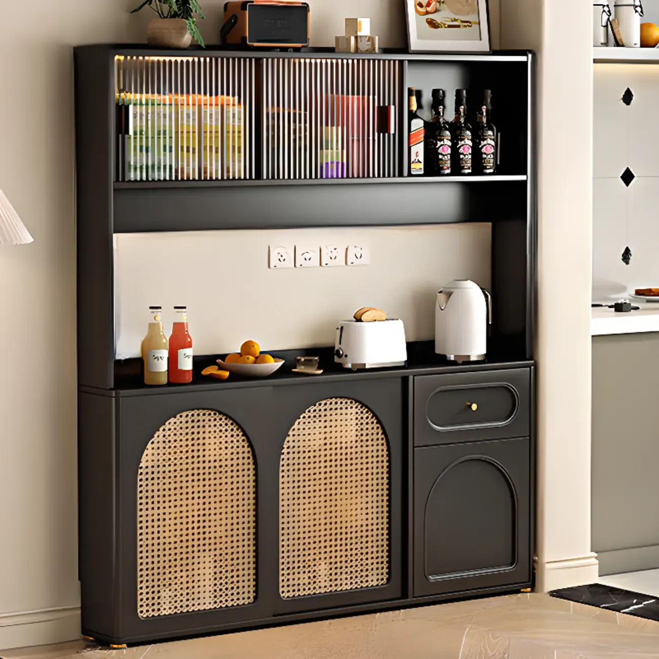 Kitchen Espresso Wood Black Rattan Door Sideboard Image - 13