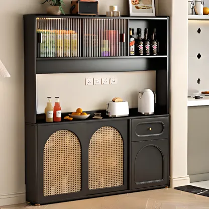 Kitchen Espresso Wood Black Rattan Door Sideboard Image - 13